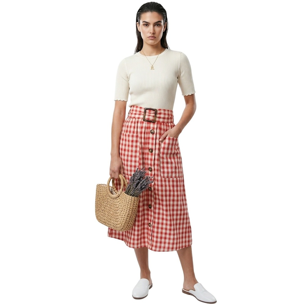 MOON RIVER Red White Gingham Midi Skirt Button Front Belted Medium NWOT $98